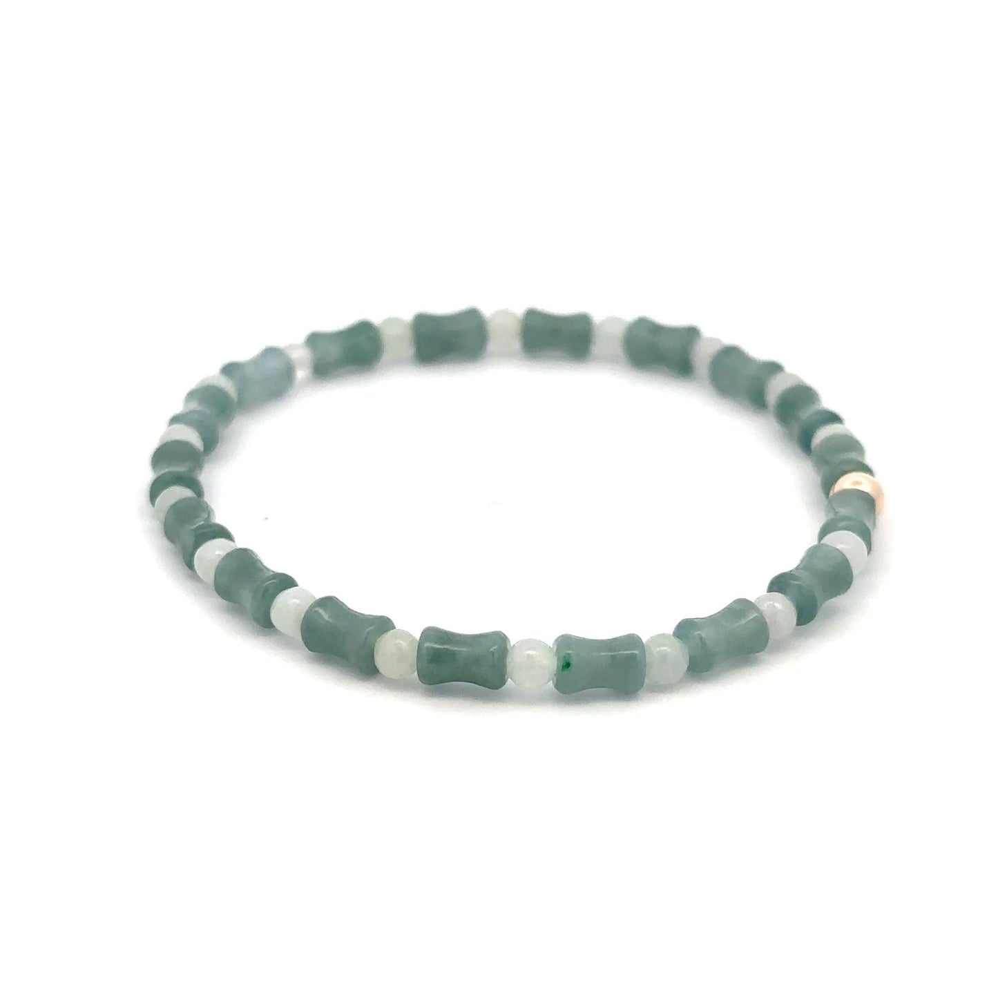 14K Solid Gold 4mm Bead Stretch Bracelet Green Icy Jade Bamboo Round - Rafant