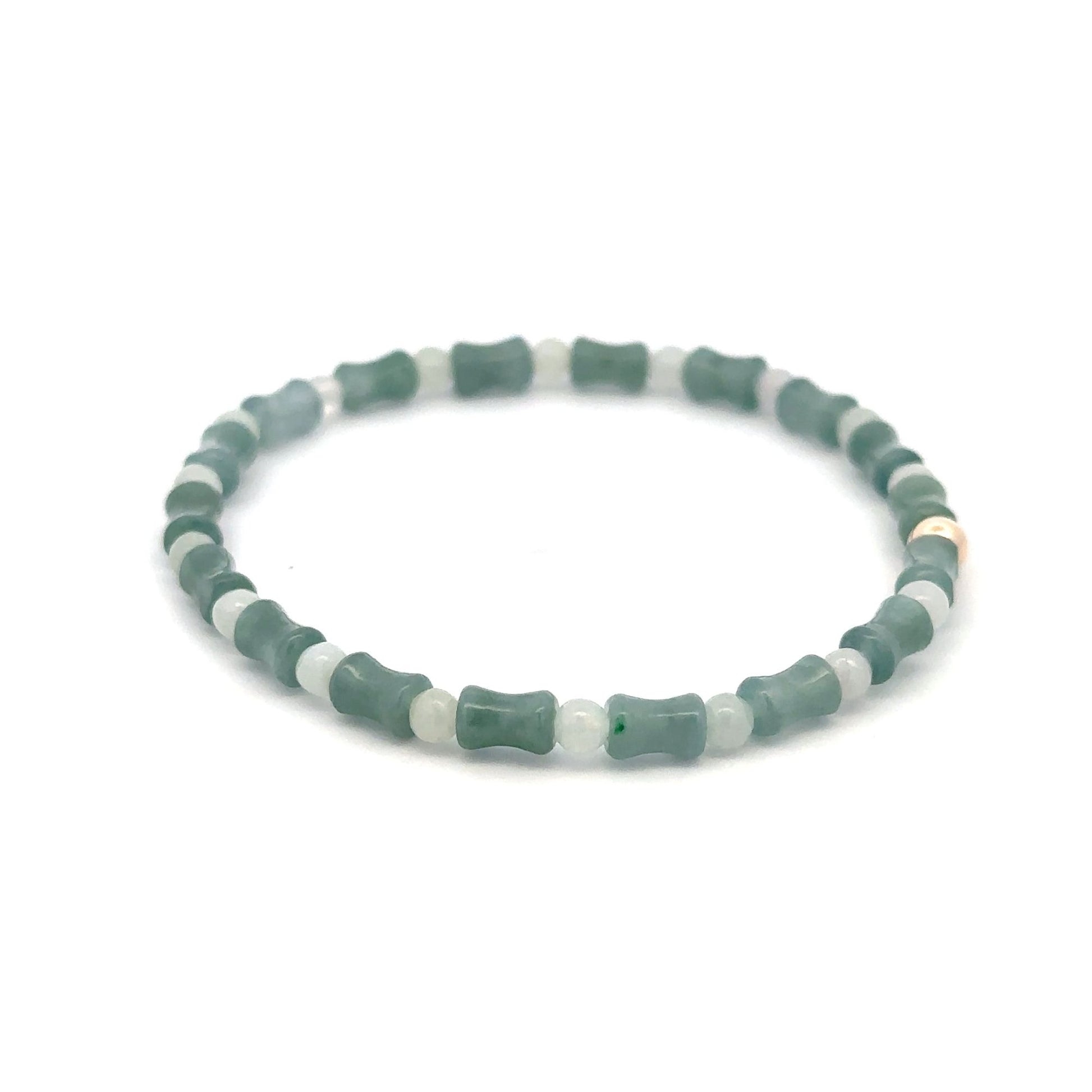 14K Solid Gold 4mm Bead Stretch Bracelet Green Icy Jade Bamboo Round - Rafant