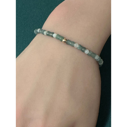 14K Solid Gold 4mm Bead Stretch Bracelet Green Icy Jade Bamboo Round - Rafant