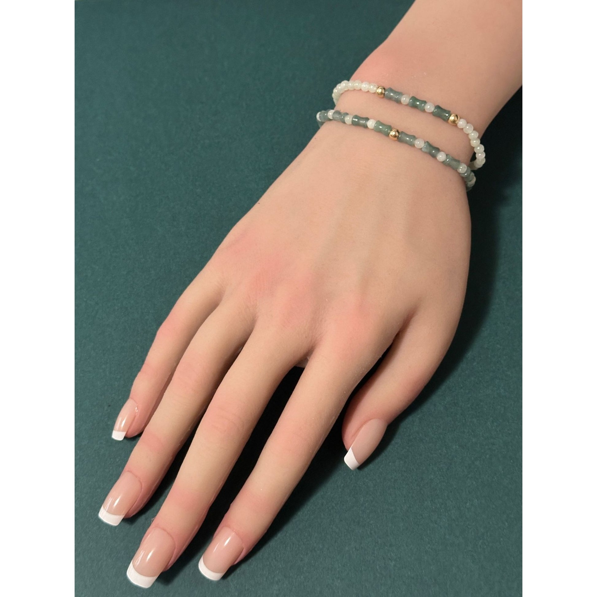 14K Solid Gold 4mm Bead Stretch Bracelet Green Icy Jade Bamboo Round - Rafant