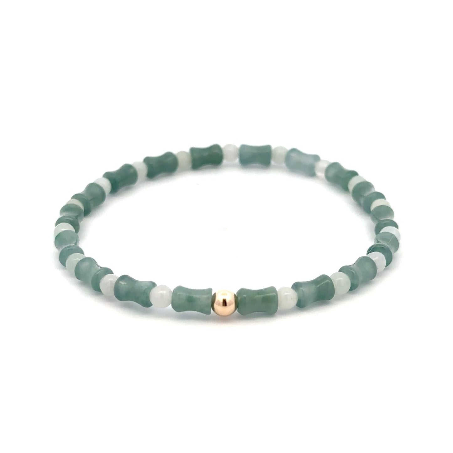 14K Solid Gold 4mm Bead Stretch Bracelet Green Icy Jade Bamboo Round - Rafant