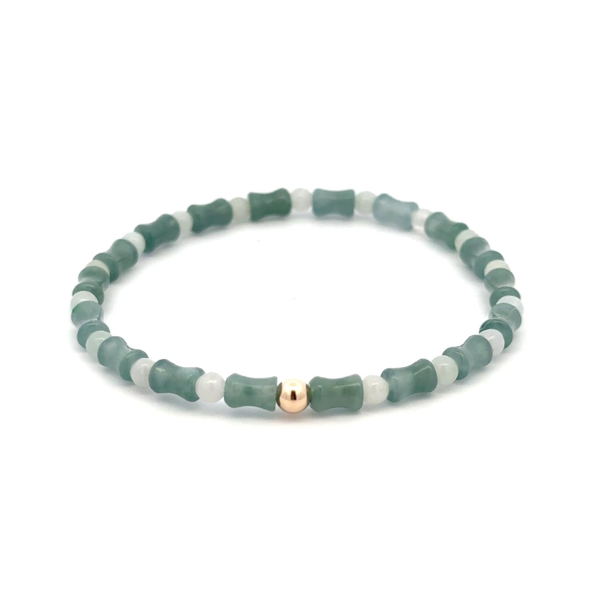 14K Solid Gold 4mm Bead Stretch Bracelet Green Icy Jade Bamboo Round - Rafant