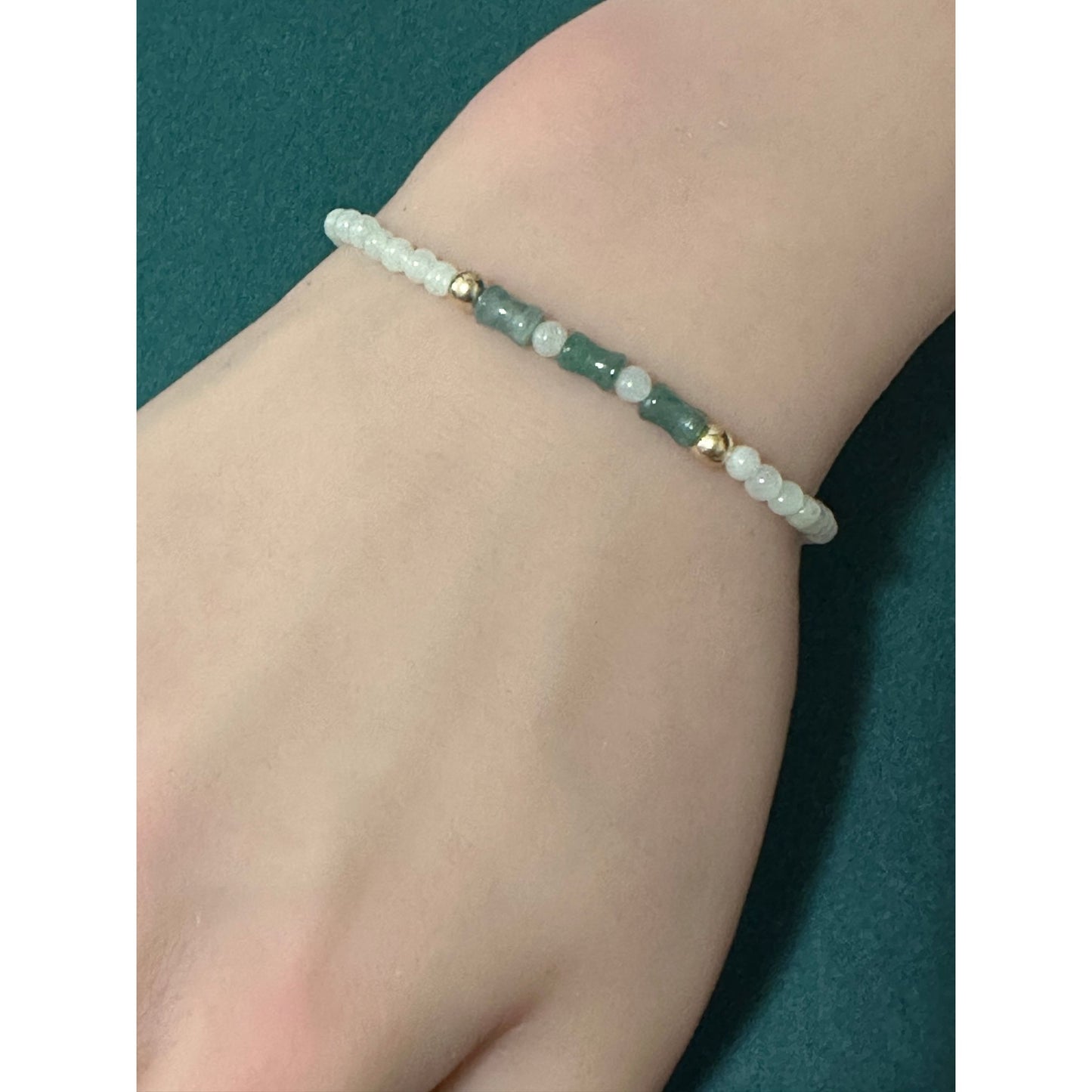 14K Solid Gold 4mm Bead Stretch Bracelet Green Icy Jade Bamboo Round - Rafant