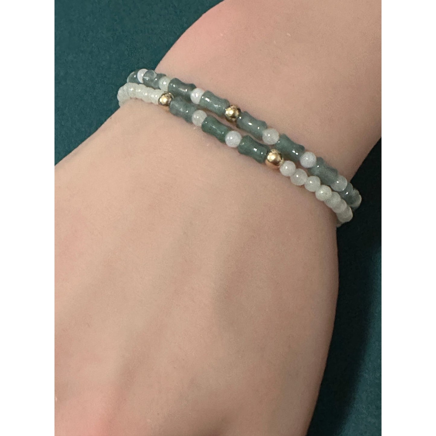 14K Solid Gold 4mm Bead Stretch Bracelet Green Icy Jade Bamboo Round - Rafant