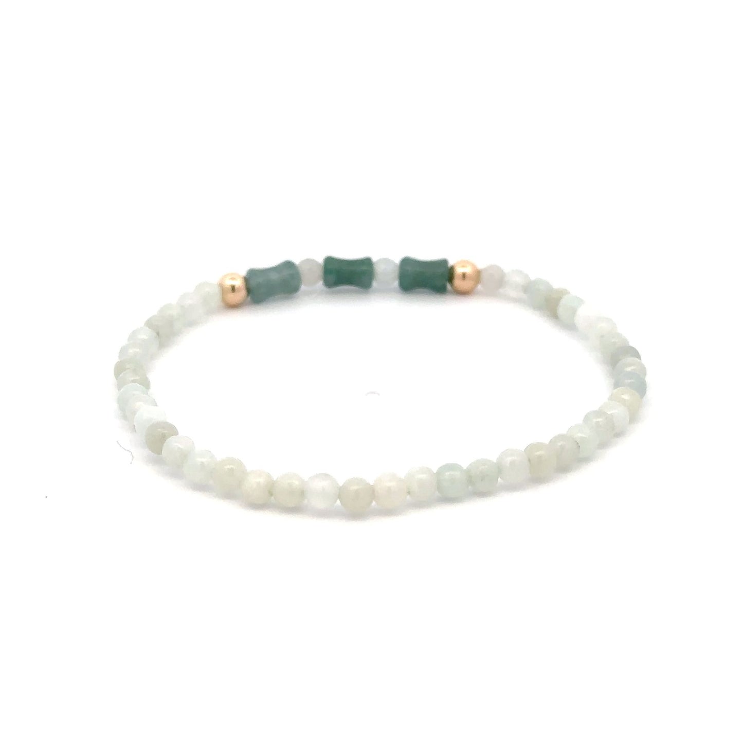 14K Solid Gold 4mm Bead Stretch Bracelet Green Icy Jade Bamboo Round - Rafant