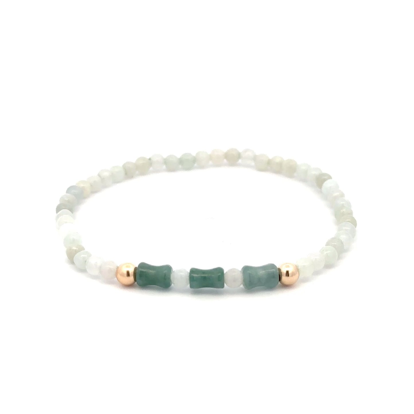 14K Solid Gold 4mm Bead Stretch Bracelet Green Icy Jade Bamboo Round - Rafant