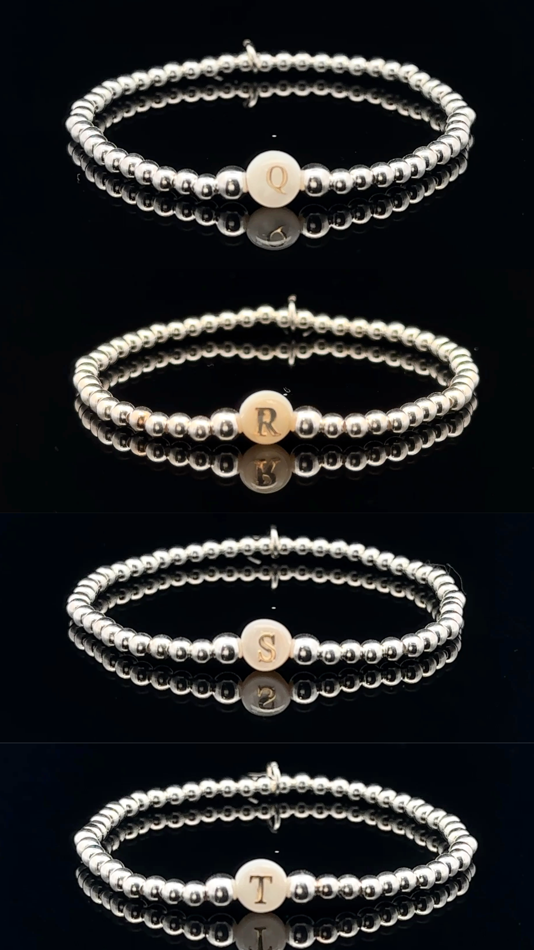 925 Sterling Silver Beaded Stretch Stacking Bracelet MOP Letters Initials - Rafant