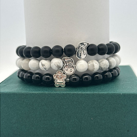 925 Sterling Silver Snowman Gingerbread Man Howlite Onyx 6mm Natural Gemstone Holiday Stretch Bracelet