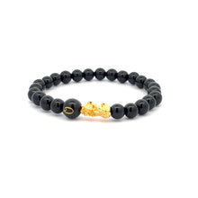 Load image into Gallery viewer, 18K Gold Pixiu Piyao Bracelet Natural Gemstones Onyx 6mm Elastic Bracelet Letter Initial Agate S6.5&quot;
