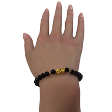 Load image into Gallery viewer, 18K Gold Dragon Pixiu Piyao Lucky Charm Beads Bracelet Gemstones Onyx 6mm Size 6 in
