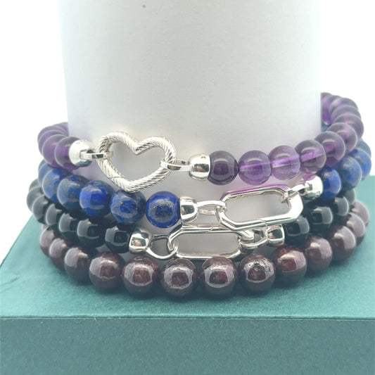 Sterling Silver Modular Gemstone Bracelet Natural Amethyst Lapis Tiger Eye Garnet Onyx Detachable Gate Clasp Charm Holder