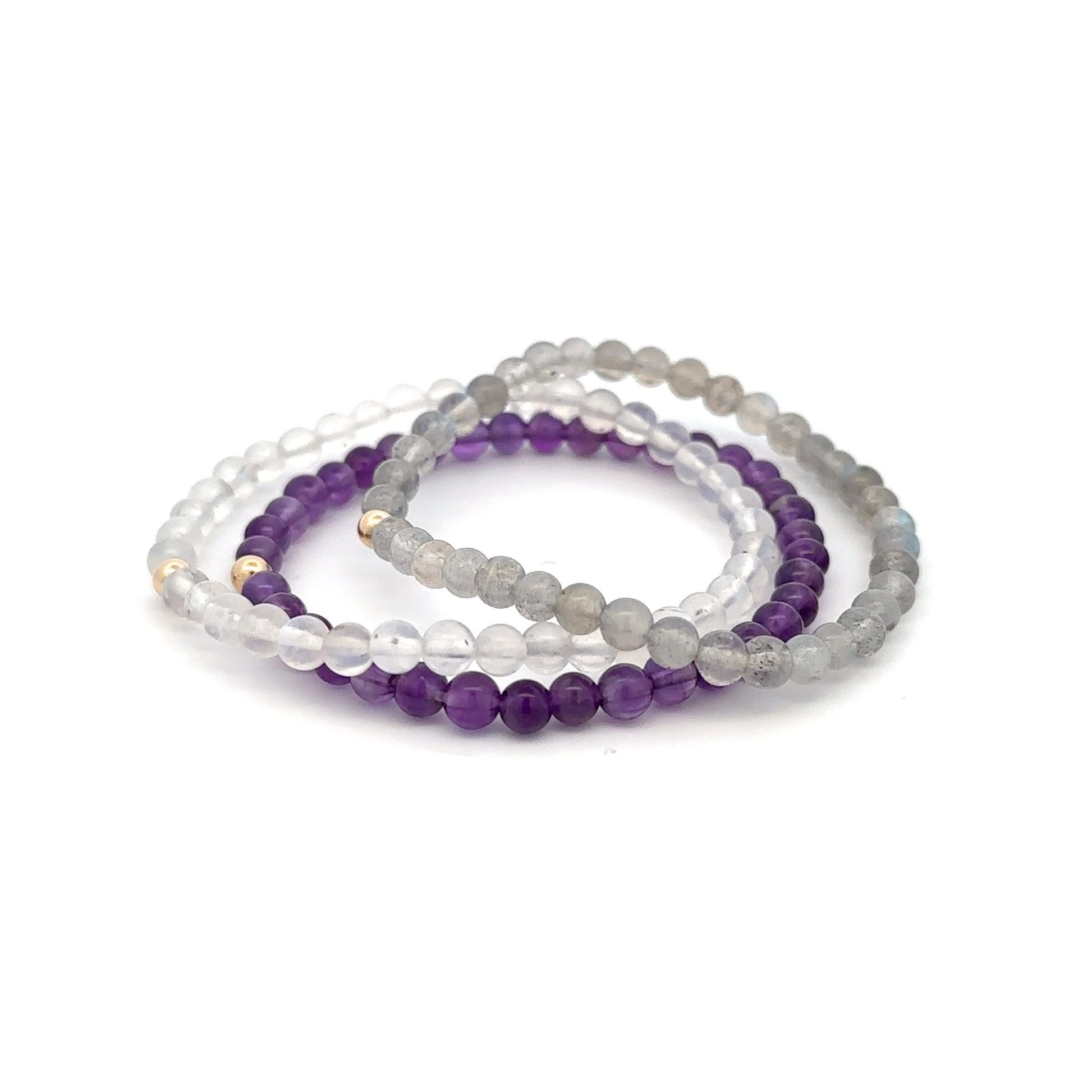 Labradorite Amethyst  & Clear Quartz Gemstone Stretch Bracelet with 14K Gold Accent Bead Handmade - Rafant