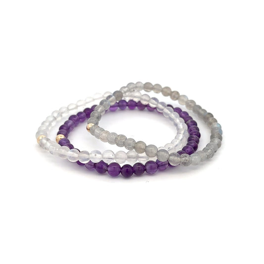 Labradorite Amethyst  & Clear Quartz Gemstone Stretch Bracelet with 14K Gold Accent Bead Handmade - Rafant