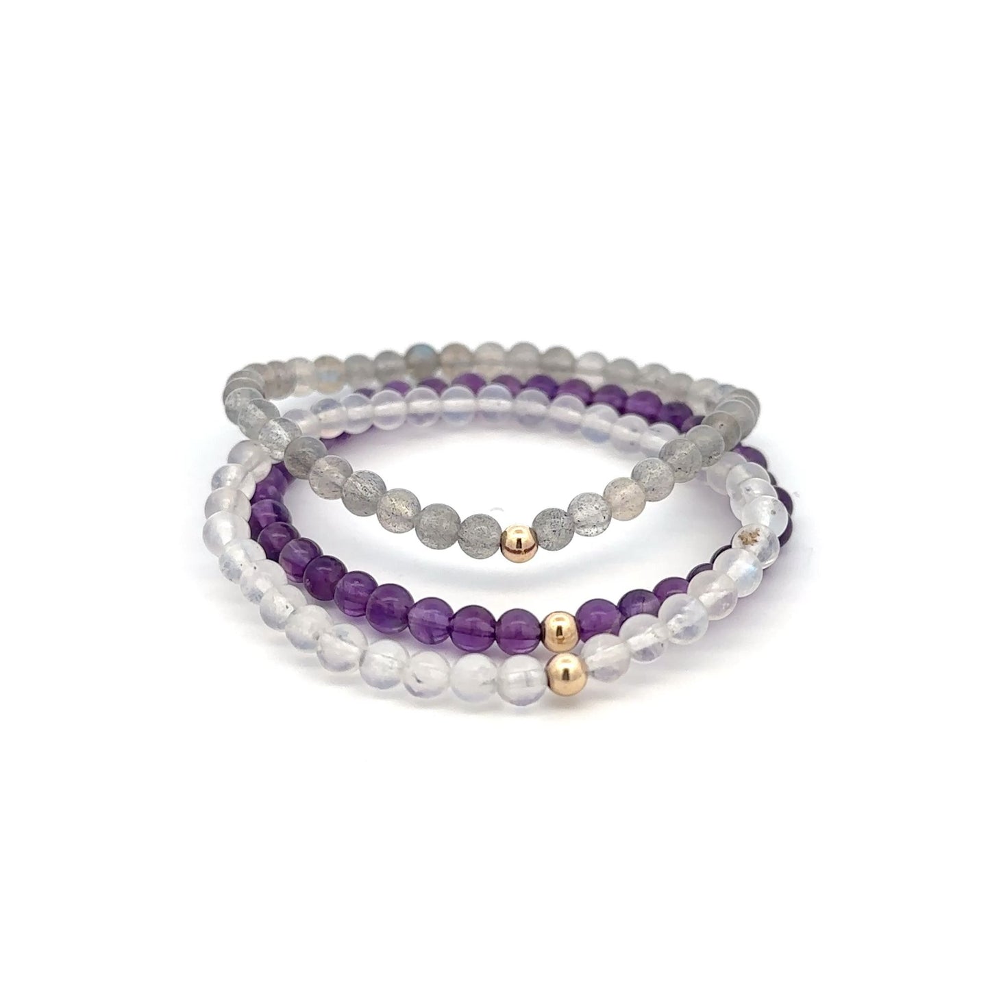 Labradorite Amethyst  & Clear Quartz Gemstone Stretch Bracelet with 14K Gold Accent Bead Handmade - Rafant