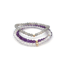 Load image into Gallery viewer, Labradorite Amethyst  &amp; Clear Quartz Gemstone Stretch Bracelet with 14K Gold Accent Bead Handmade
