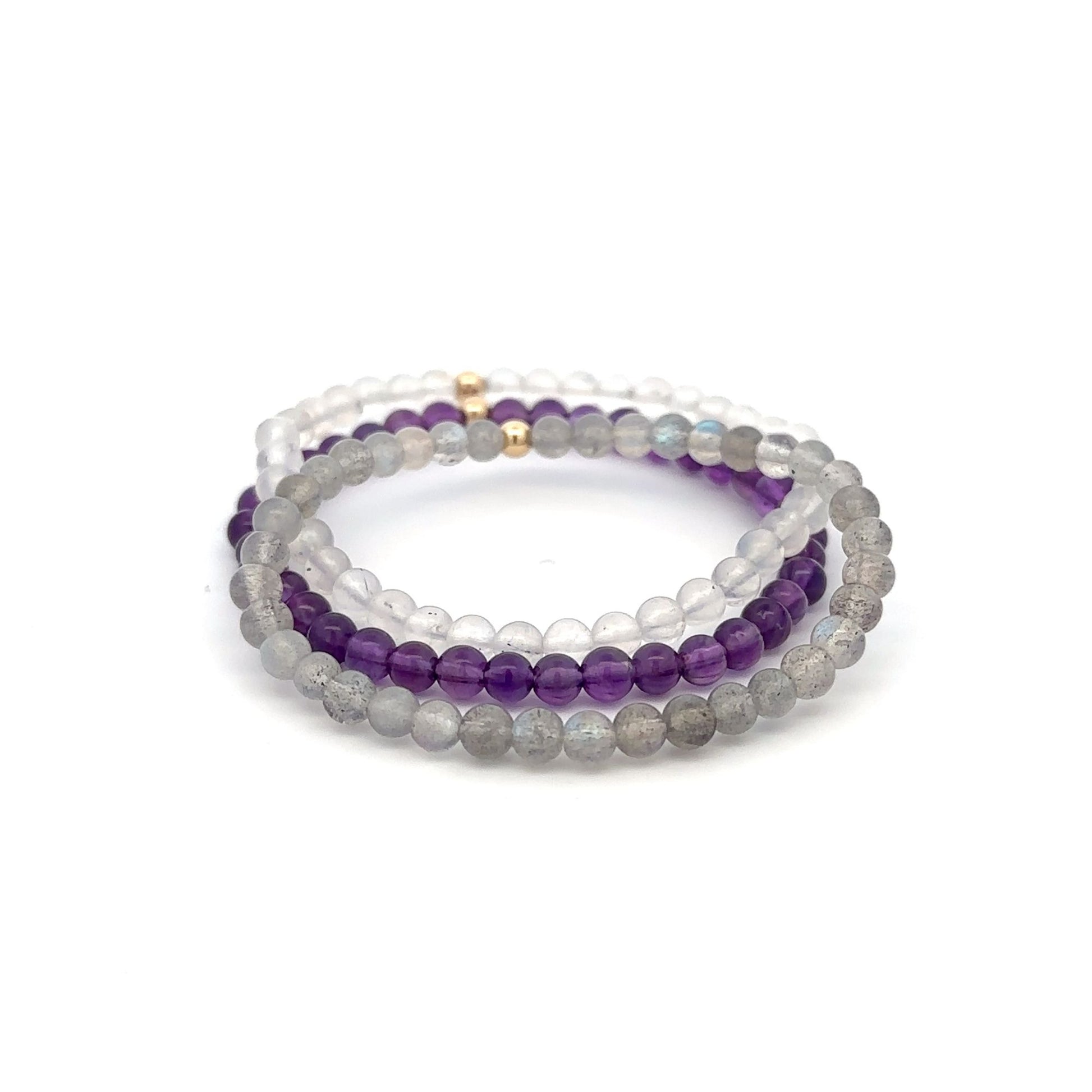 Labradorite Amethyst  & Clear Quartz Gemstone Stretch Bracelet with 14K Gold Accent Bead Handmade - Rafant