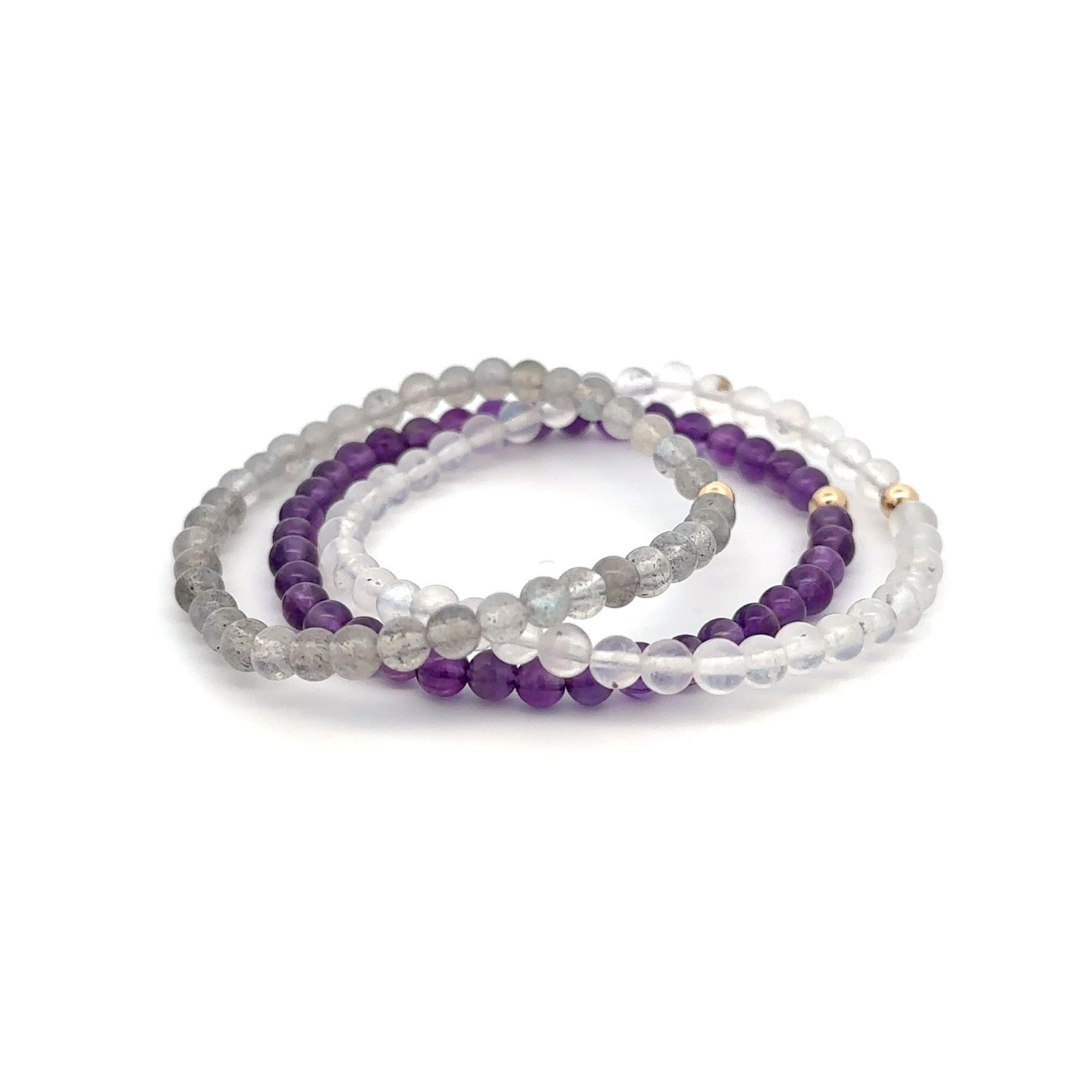 Labradorite Amethyst  & Clear Quartz Gemstone Stretch Bracelet with 14K Gold Accent Bead Handmade - Rafant