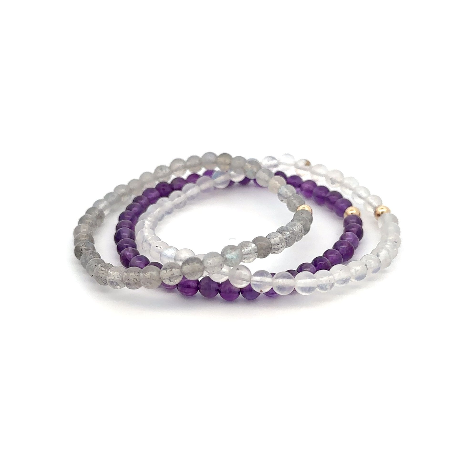 Labradorite Amethyst  & Clear Quartz Gemstone Stretch Bracelet with 14K Gold Accent Bead Handmade - Rafant