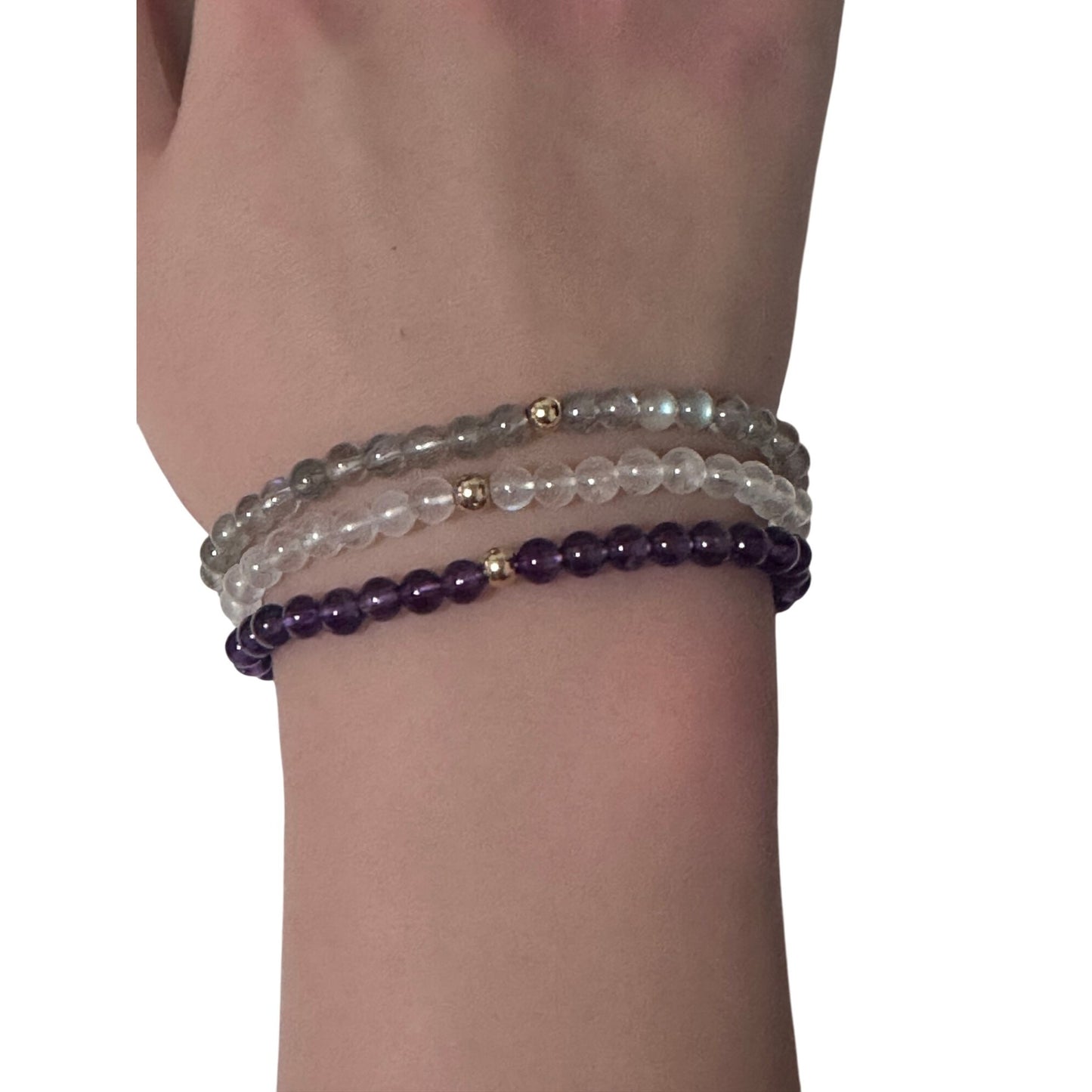 Labradorite Amethyst  & Clear Quartz Gemstone Stretch Bracelet with 14K Gold Accent Bead Handmade - Rafant