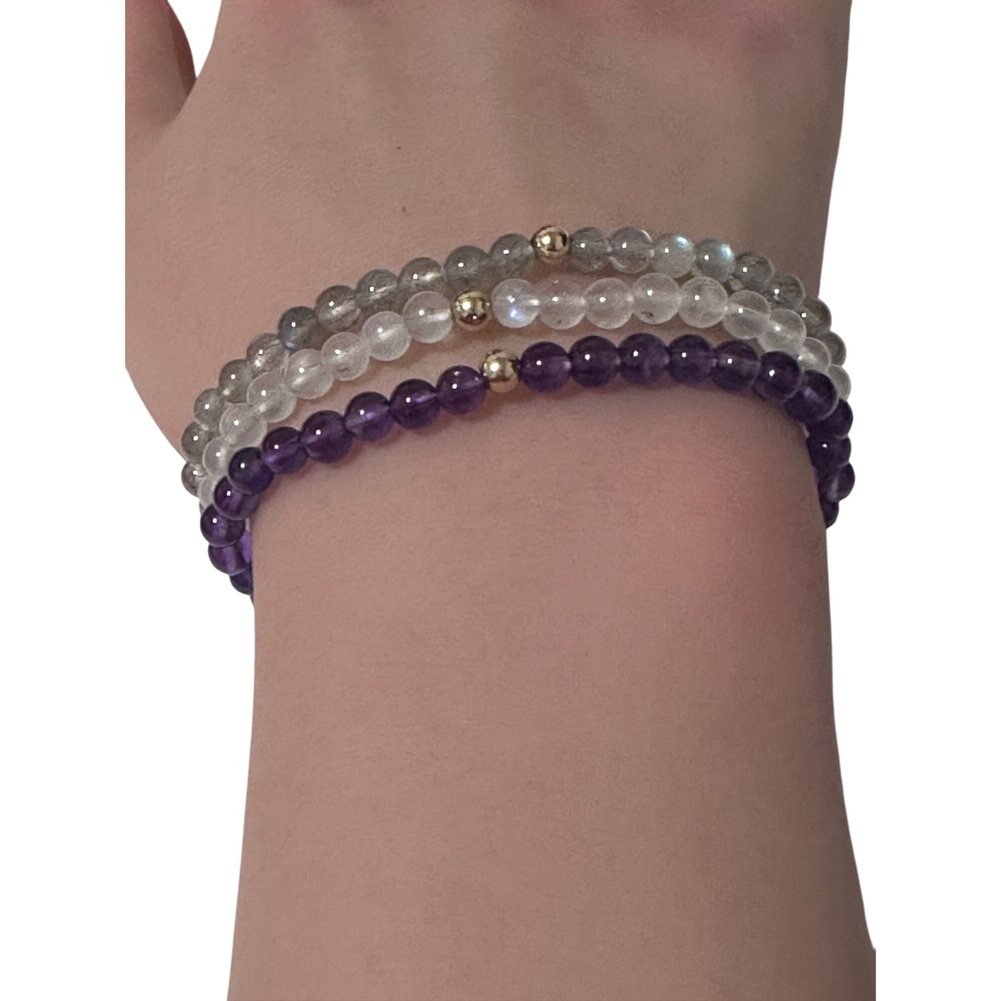 Labradorite Amethyst  & Clear Quartz Gemstone Stretch Bracelet with 14K Gold Accent Bead Handmade - Rafant