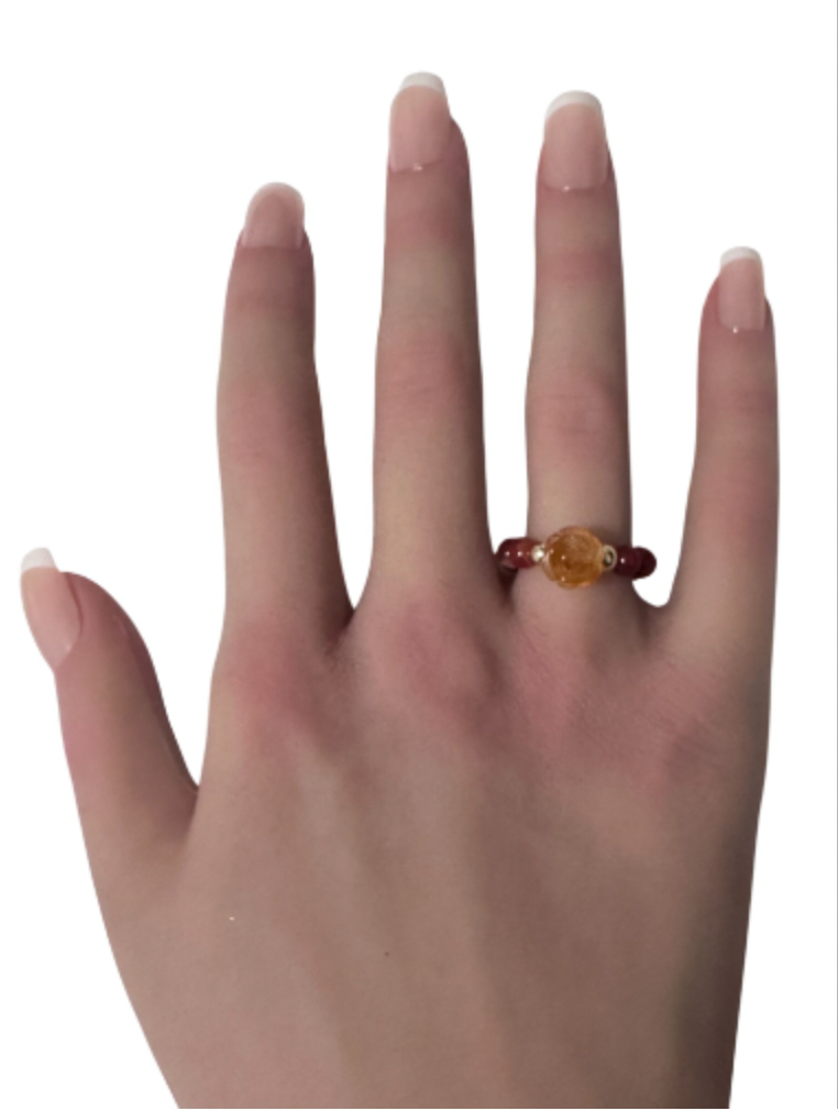 Natural Gemstone Flower and Beads Stretch Ring with 14K Gold Bead - Rafant