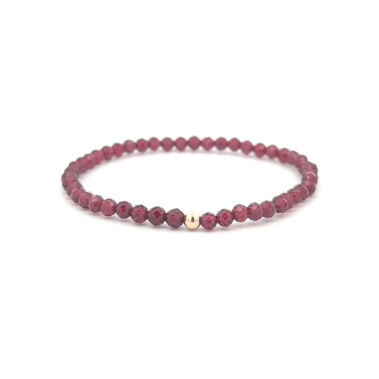 Garnet Micro Faceted Gemstone Beaded Stretch Bracelet 14K Gold Accent Bead Handmade - Rafant