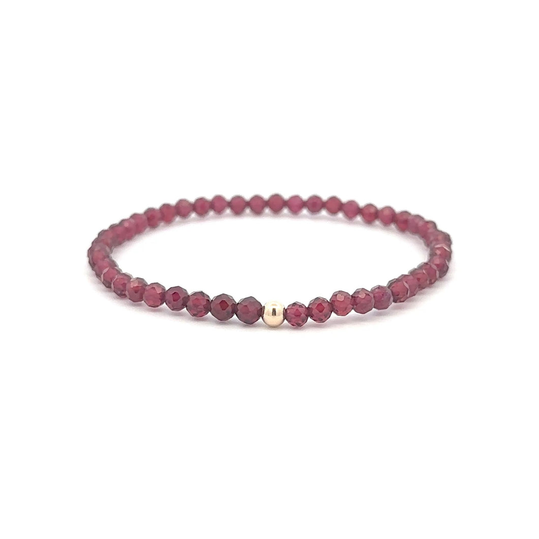 Garnet Micro Faceted Gemstone Beaded Stretch Bracelet 14K Gold Accent Bead Handmade - Rafant