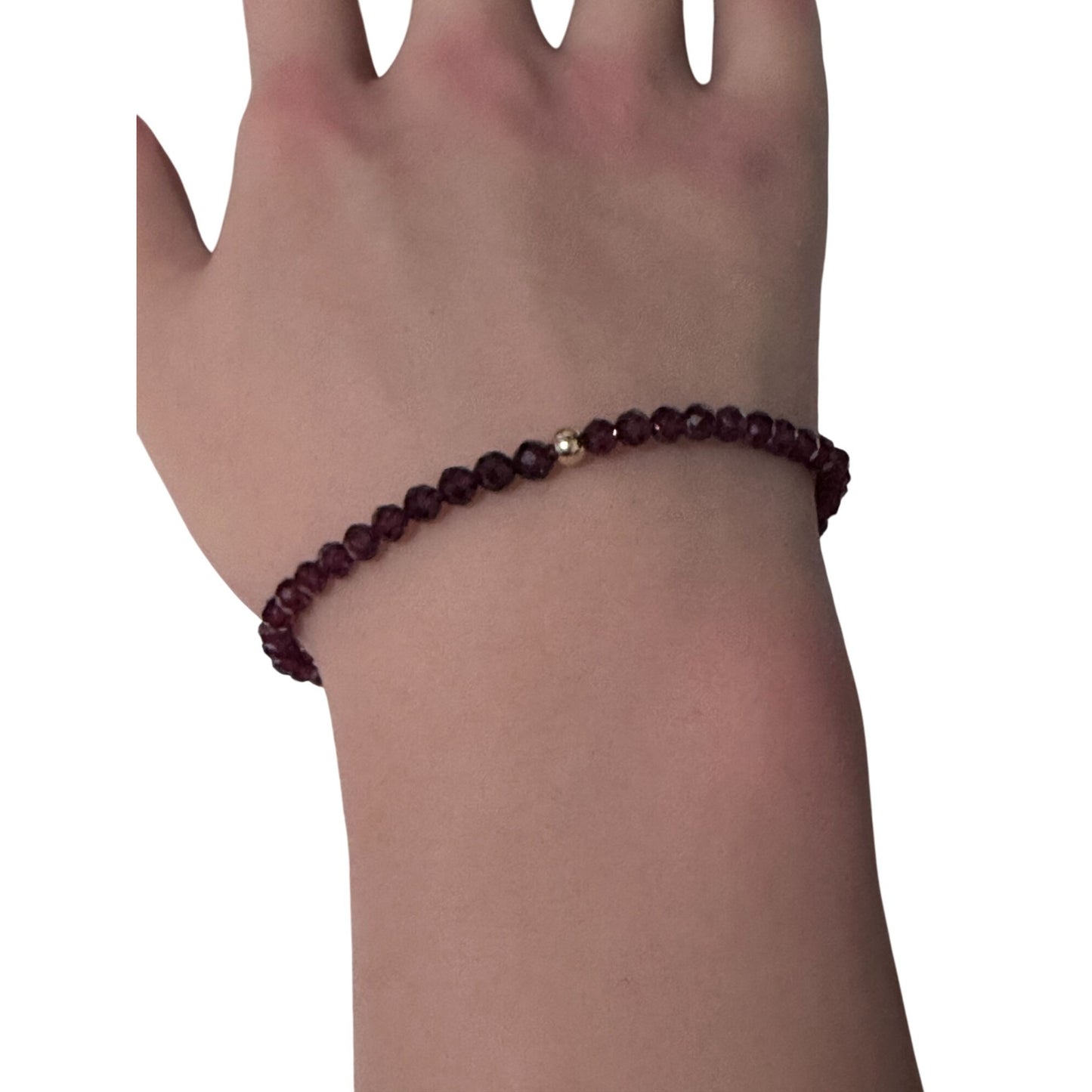 Garnet Micro Faceted Gemstone Beaded Stretch Bracelet 14K Gold Accent Bead Handmade - Rafant
