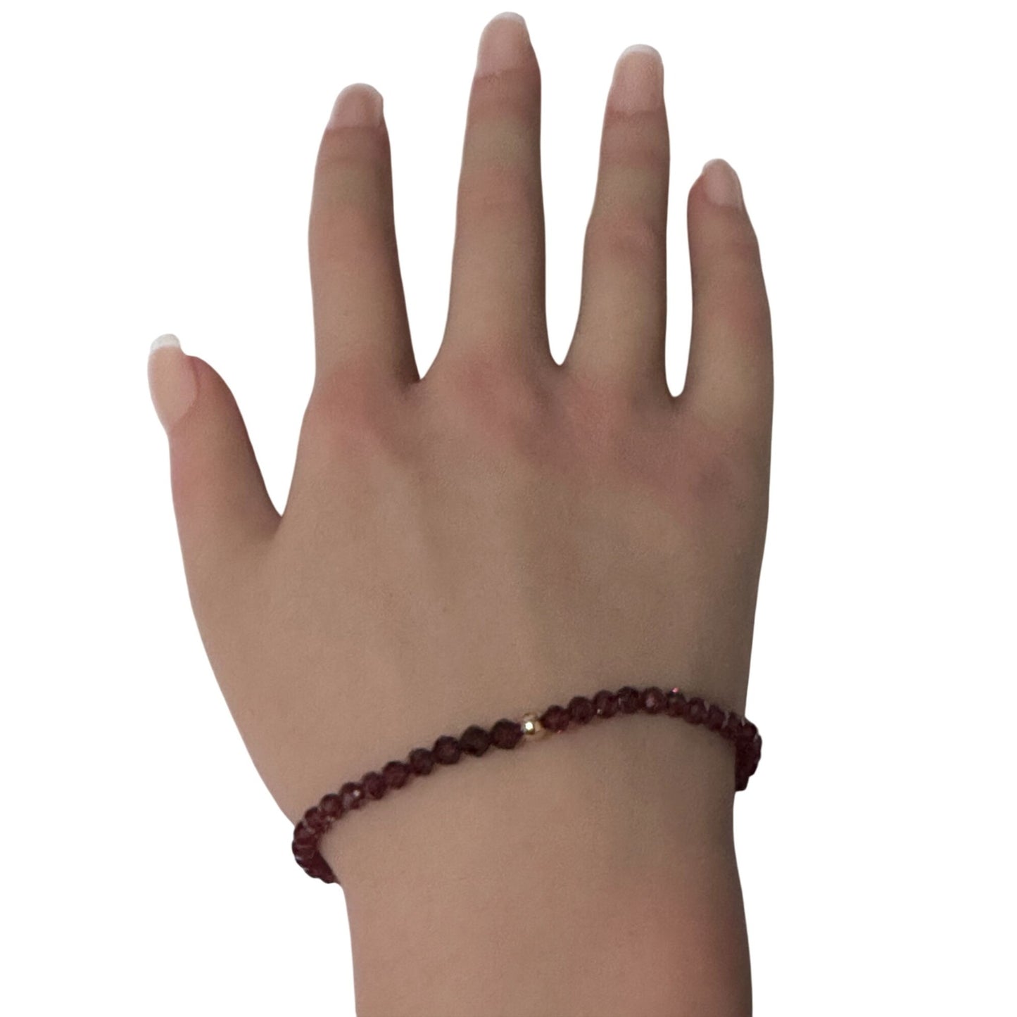 Garnet Micro Faceted Gemstone Beaded Stretch Bracelet 14K Gold Accent Bead Handmade - Rafant