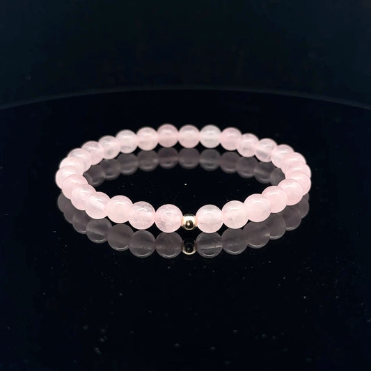 Gemstones Natural Rose Quartz 6mm 4mm Stretch Bracelet with 14k Gold Bead Choose Yellow, Stardust, Corrugated - Rafant