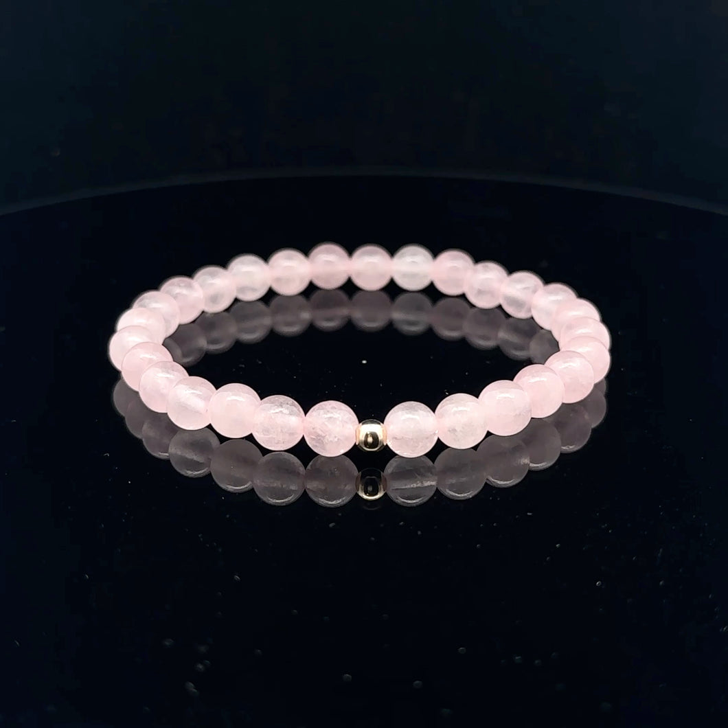 Gemstones Natural Rose Quartz 6mm 4mm Stretch Bracelet with 14k Gold Bead Choose Yellow, Stardust, Corrugated