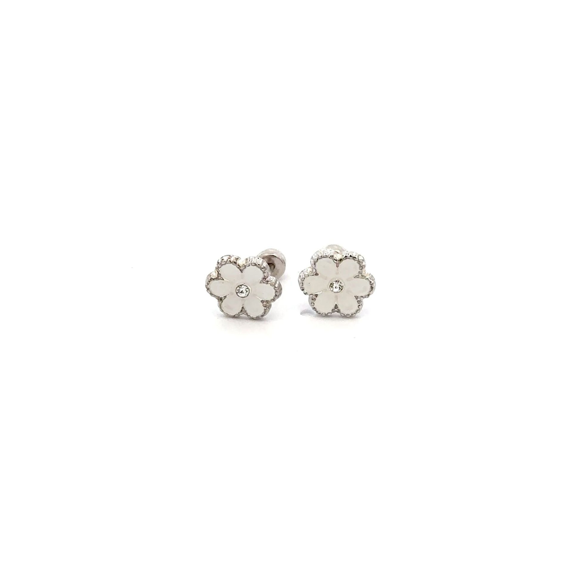 925 Sterling Silver Stud Flower White Enamel Earrings Small Screw Back - Rafant