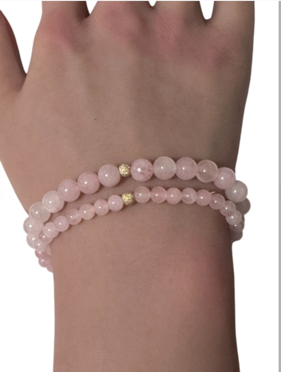 Gemstones Natural Rose Quartz 6mm 4mm Stretch Bracelet with 14k Gold Bead Choose Yellow, Stardust, Corrugated - Rafant