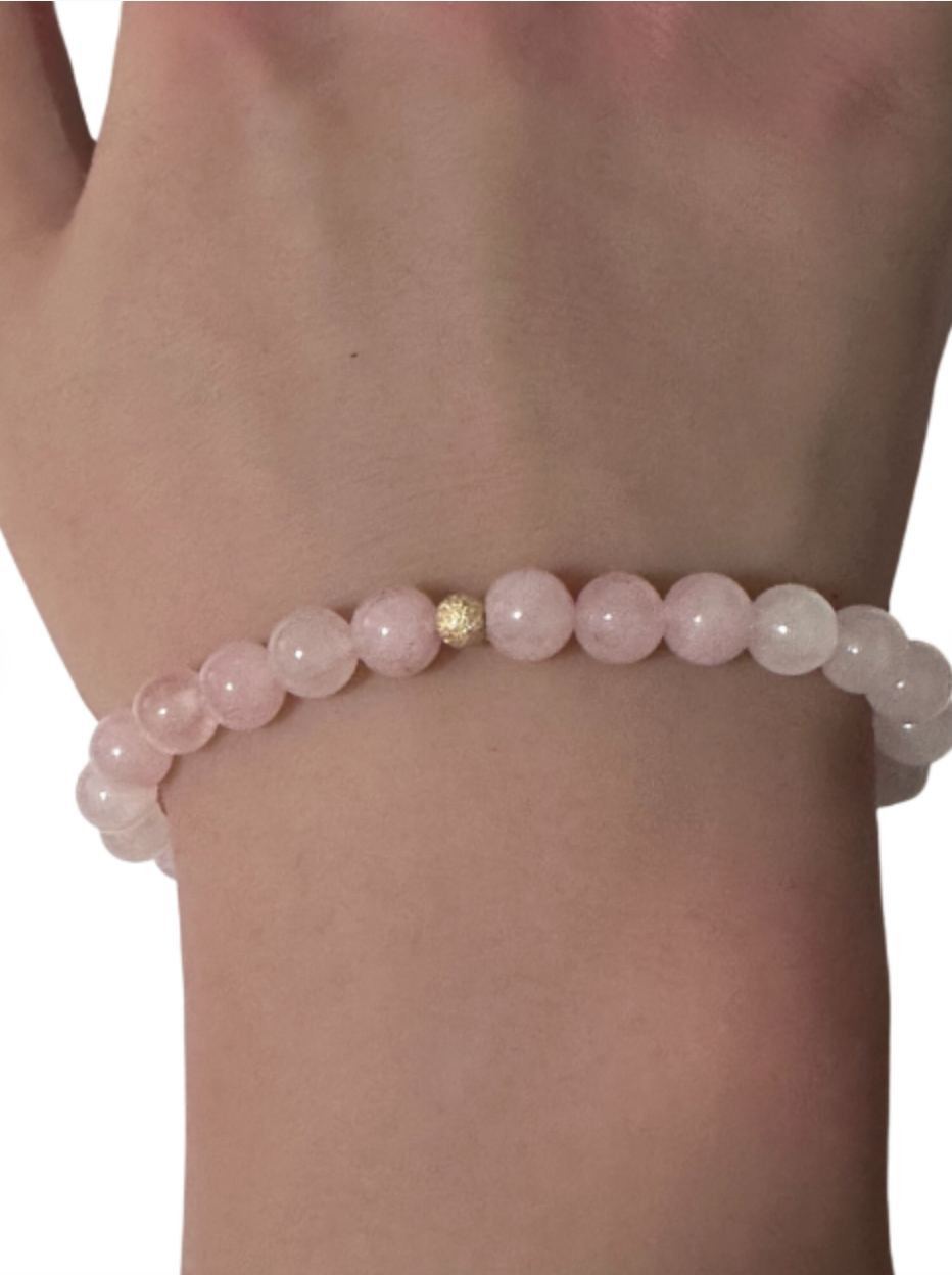 Gemstones Natural Rose Quartz 6mm 4mm Stretch Bracelet with 14k Gold Bead Choose Yellow, Stardust, Corrugated - Rafant