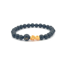 Load image into Gallery viewer, 18K Gold Pixiu Piyao Bracelet Natural Gemstones Onyx 6mm Elastic Bracelet Letter Initial Agate S6.5&quot;
