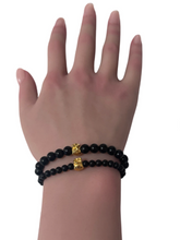 Load image into Gallery viewer, 18K Gold Money Bag Matte Onyx Gemstones 4mm Mini 6mm Lucky Charm Elastic Bracelet
