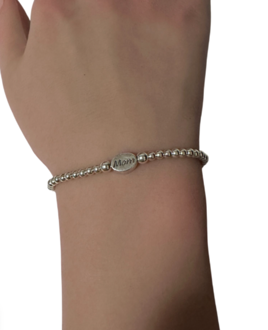 925 Sterling Silver Beaded Stretch Stacking Bracelet Minimalist Choose: Friends,Forever,Joy,Mom - Rafant