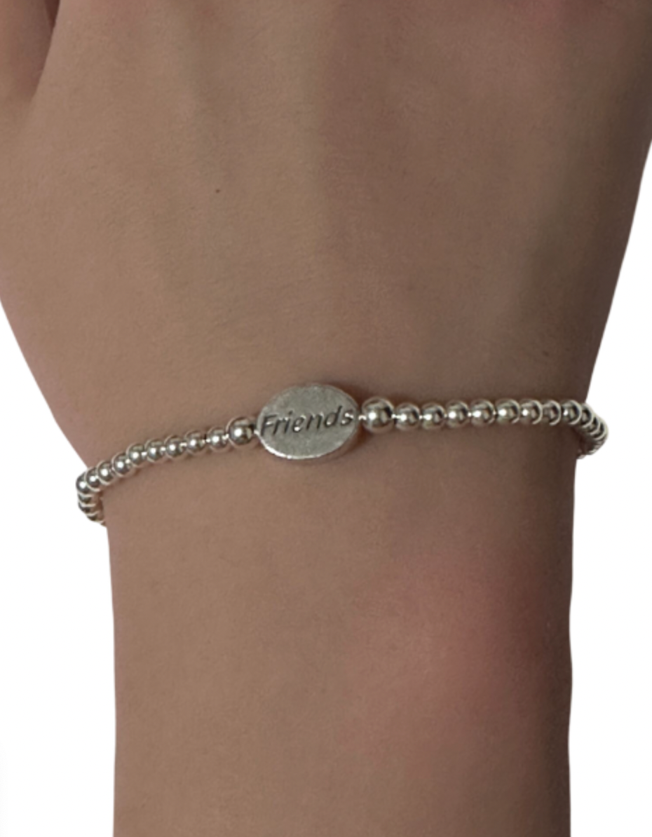 925 Sterling Silver Beaded Stretch Stacking Bracelet Minimalist Choose: Friends,Forever,Joy,Mom - Rafant
