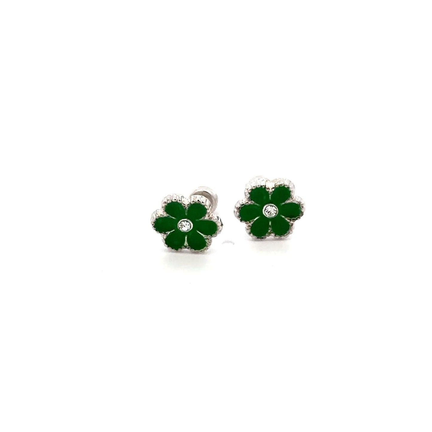 925 Sterling Silver Stud Flower Green Enamel Earrings Small Screw Back - Rafant