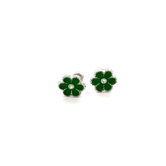 925 Sterling Silver Stud Flower Green Enamel Earrings Small Screw Back - Rafant