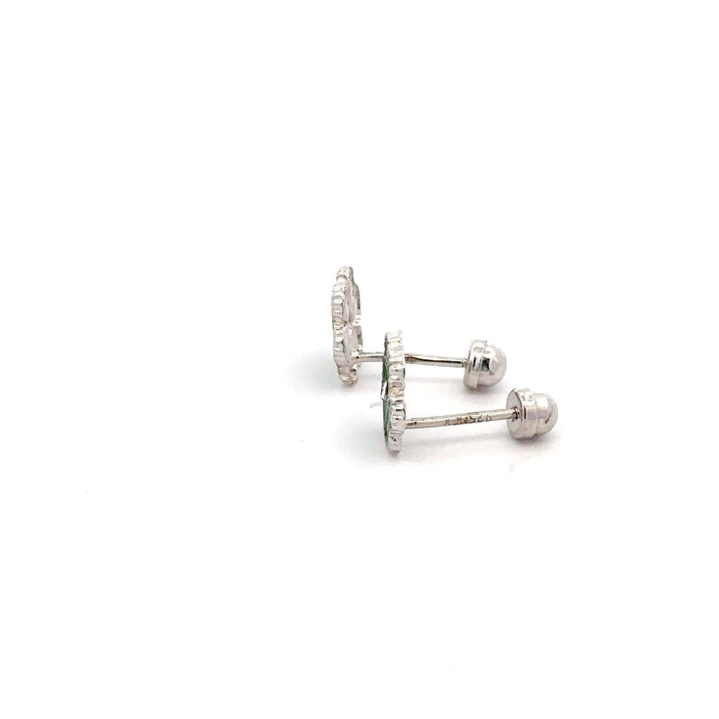 925 Sterling Silver Stud Flower Green Enamel Earrings Small Screw Back - Rafant