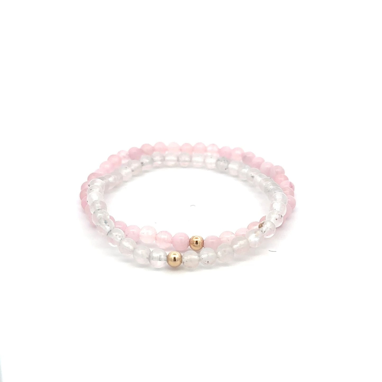 Moonstone & Rose Quartz Gemstone Stretch Bracelet with 14K Gold Accent Bead Handmade - Rafant