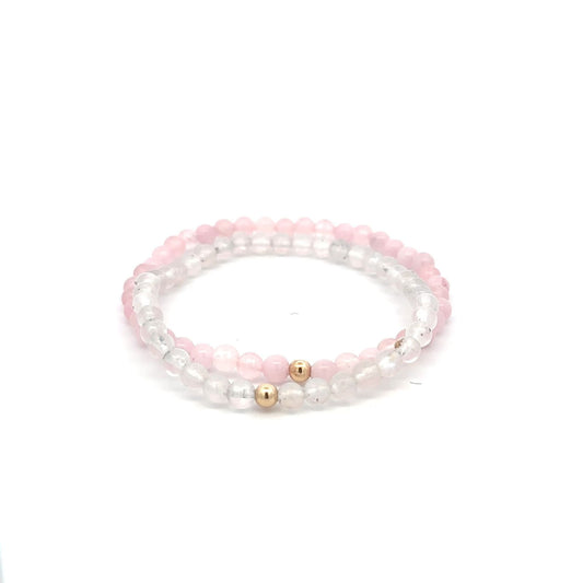 Moonstone & Rose Quartz Gemstone Stretch Bracelet with 14K Gold Accent Bead Handmade - Rafant