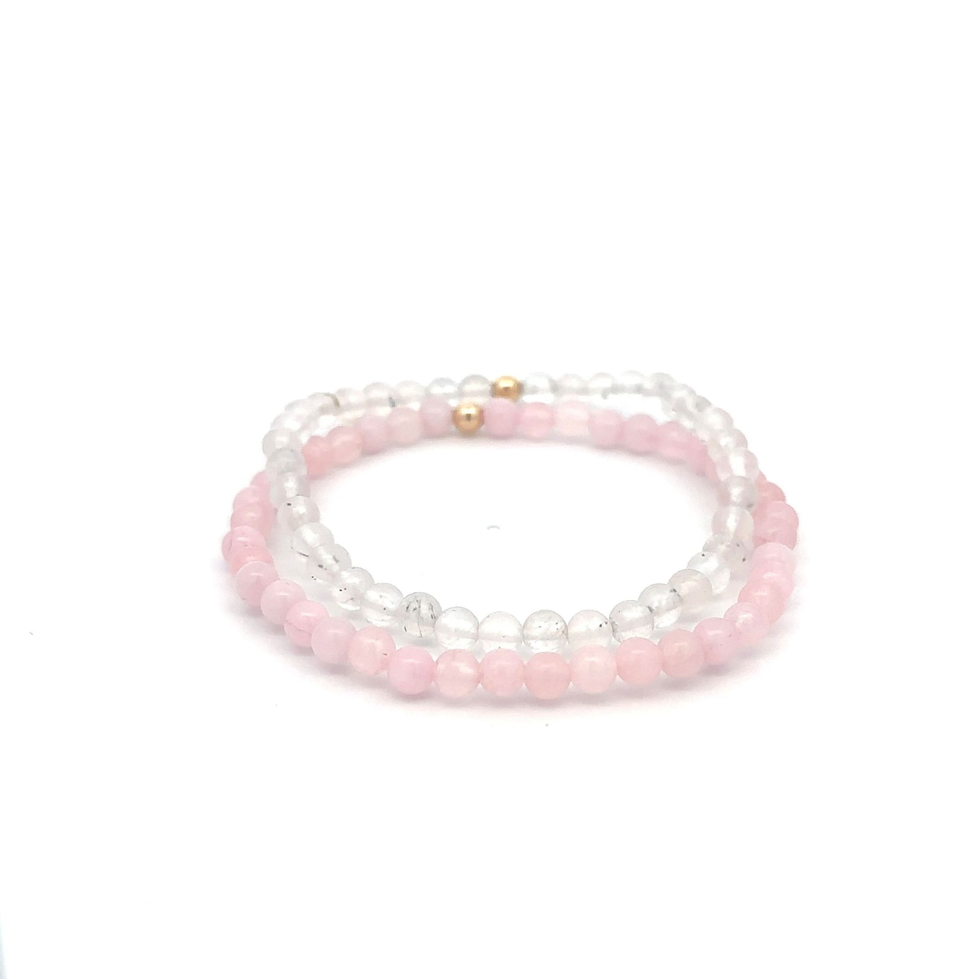 Moonstone & Rose Quartz Gemstone Stretch Bracelet with 14K Gold Accent Bead Handmade - Rafant