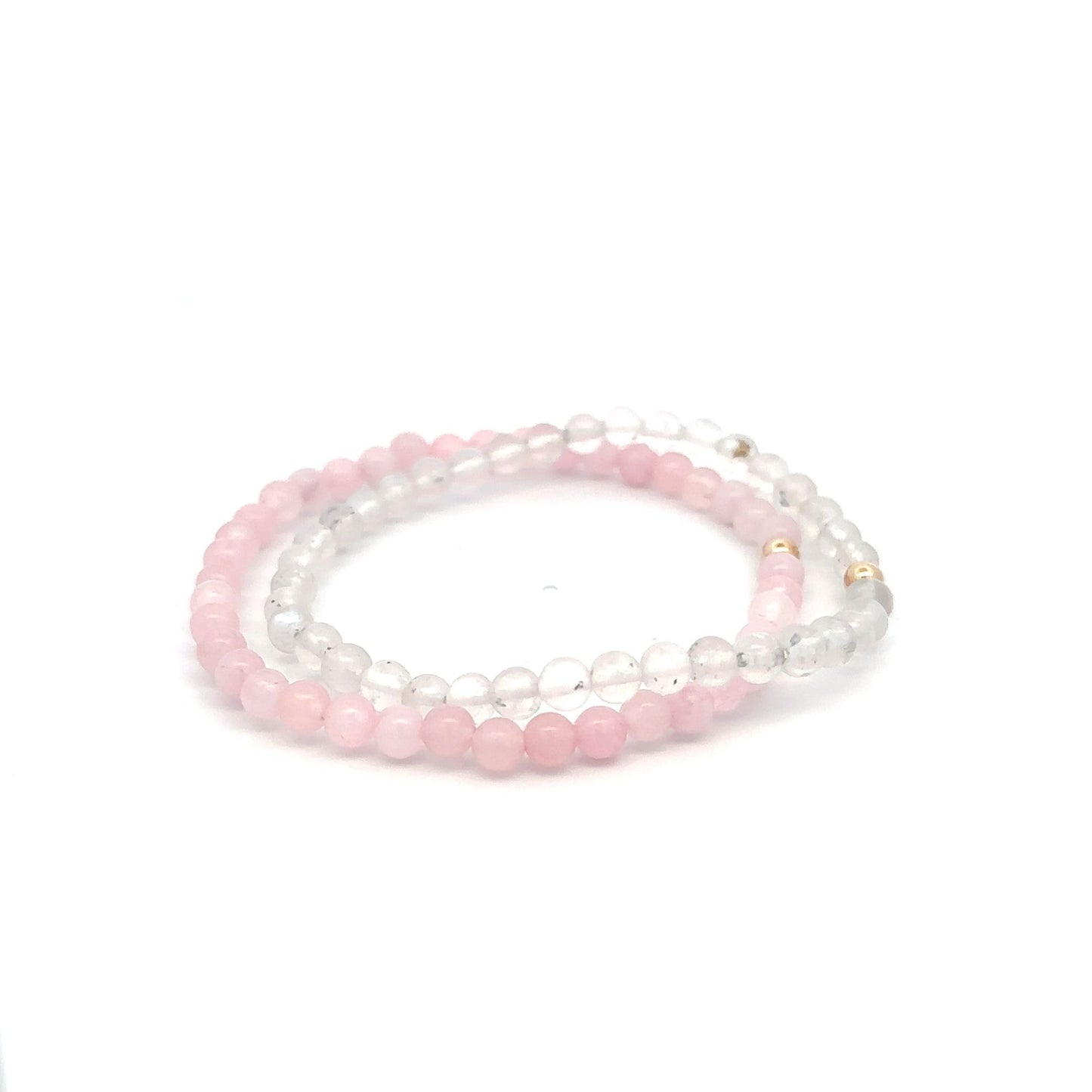 Moonstone & Rose Quartz Gemstone Stretch Bracelet with 14K Gold Accent Bead Handmade - Rafant