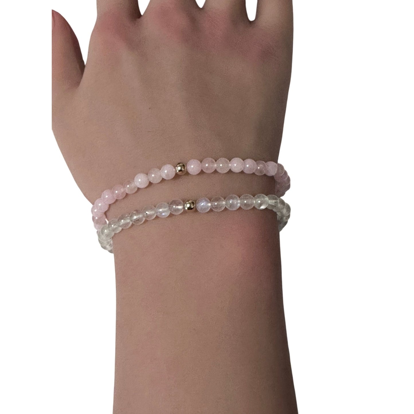 Moonstone & Rose Quartz Gemstone Stretch Bracelet with 14K Gold Accent Bead Handmade - Rafant