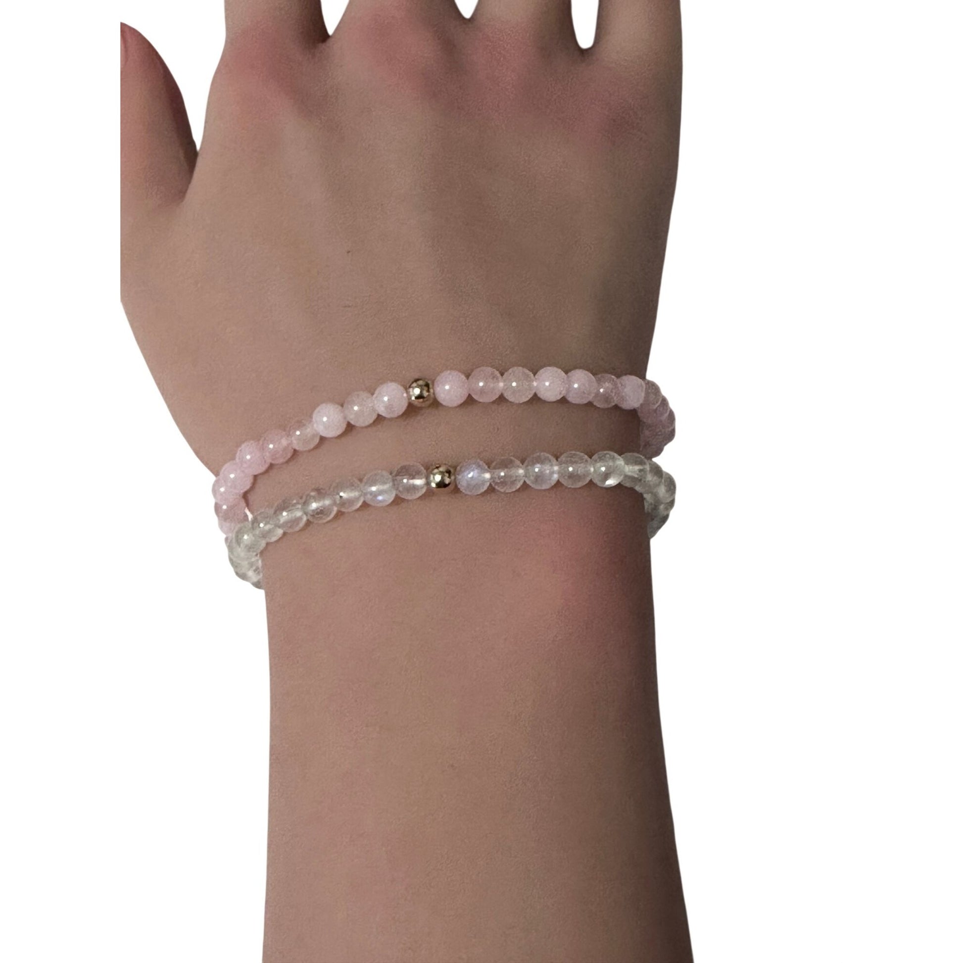 Moonstone & Rose Quartz Gemstone Stretch Bracelet with 14K Gold Accent Bead Handmade - Rafant