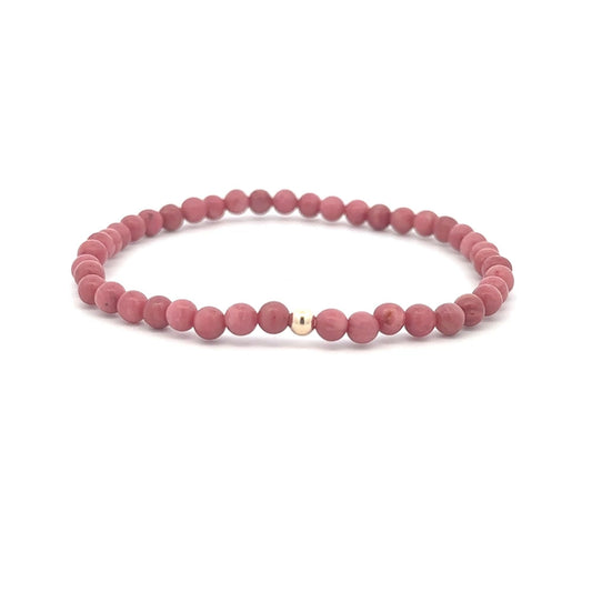 Rhodonite Gemstone Beaded Stretch Bracelet 14K Gold Accent Bead Handmade - Rafant