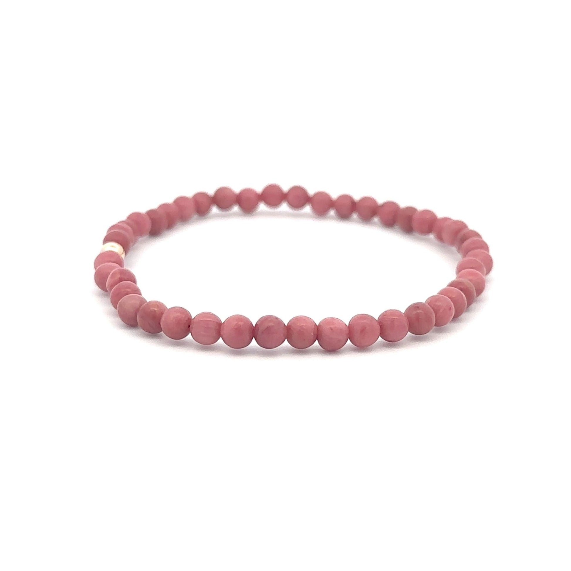 Rhodonite Gemstone Beaded Stretch Bracelet 14K Gold Accent Bead Handmade - Rafant