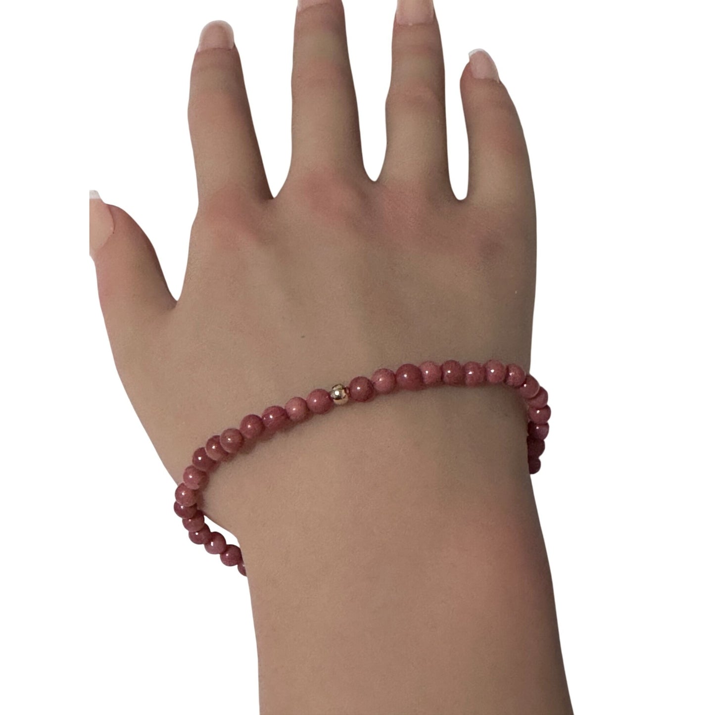 Rhodonite Gemstone Beaded Stretch Bracelet 14K Gold Accent Bead Handmade - Rafant